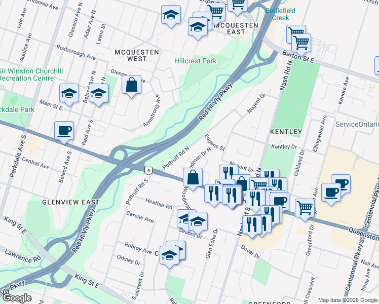 map of restaurants, bars, coffee shops, grocery stores, and more near 80 Pottruff Road North in Hamilton