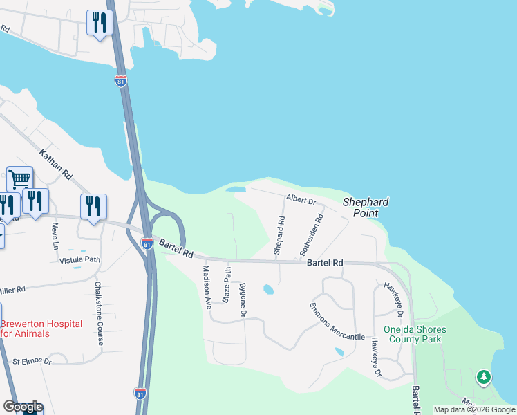 map of restaurants, bars, coffee shops, grocery stores, and more near 5768 Albert Drive in Brewerton