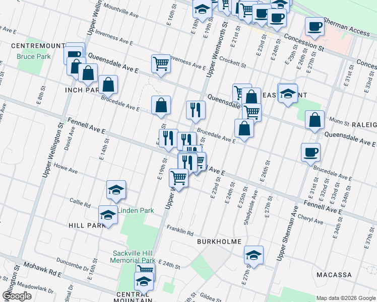 map of restaurants, bars, coffee shops, grocery stores, and more near 300 East 21st Street in Hamilton