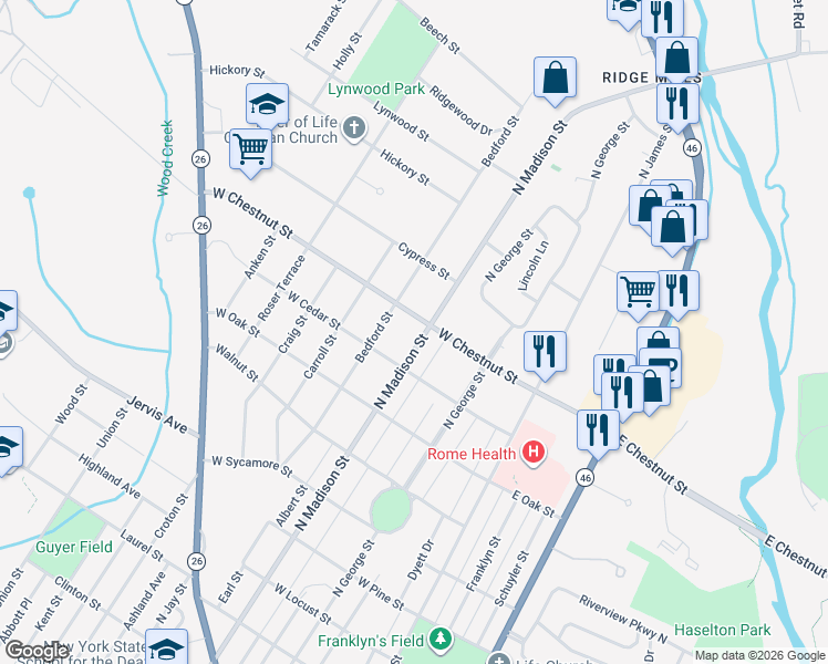 map of restaurants, bars, coffee shops, grocery stores, and more near 1609 North Madison Street in Rome