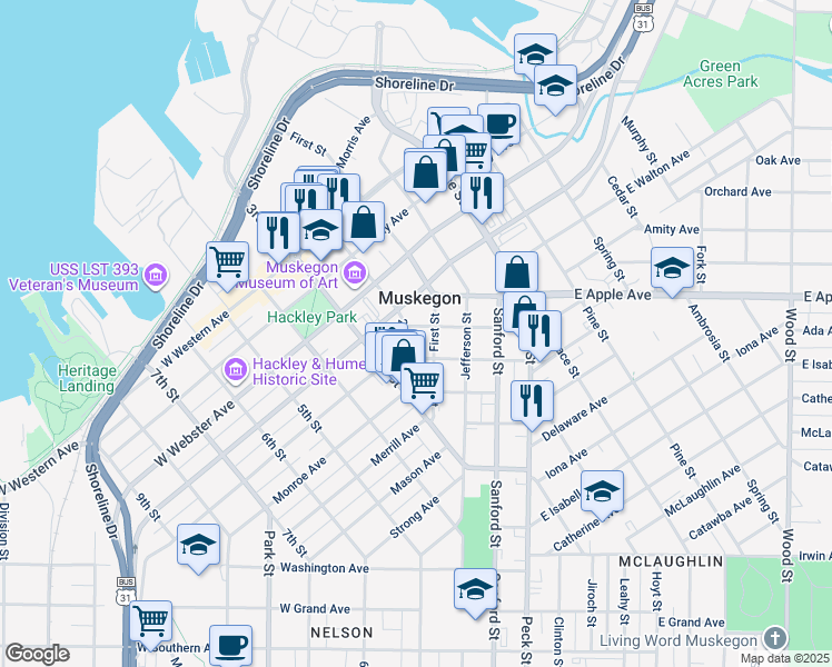 map of restaurants, bars, coffee shops, grocery stores, and more near 197 Hamilton Avenue in Muskegon