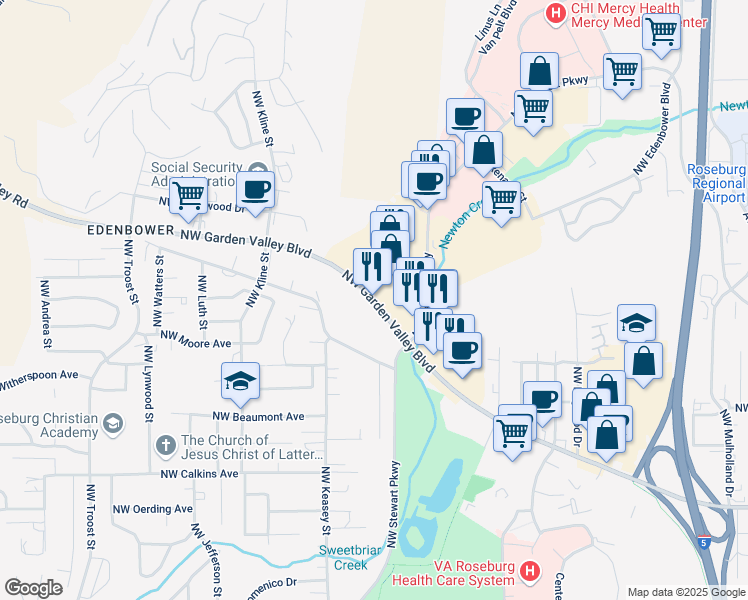 map of restaurants, bars, coffee shops, grocery stores, and more near 1400 Northwest Garden Valley Boulevard in Roseburg