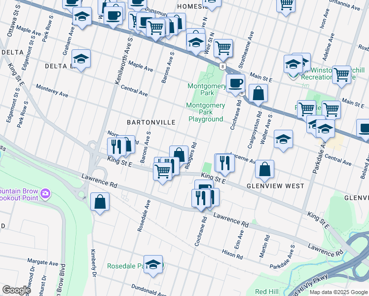 map of restaurants, bars, coffee shops, grocery stores, and more near 199 Auburn Avenue in Hamilton