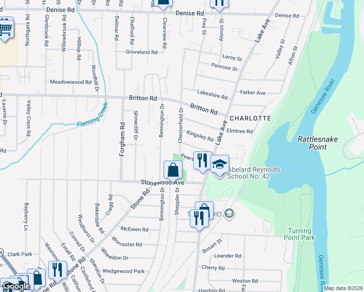 map of restaurants, bars, coffee shops, grocery stores, and more near 10 Chesterfield Drive in Rochester