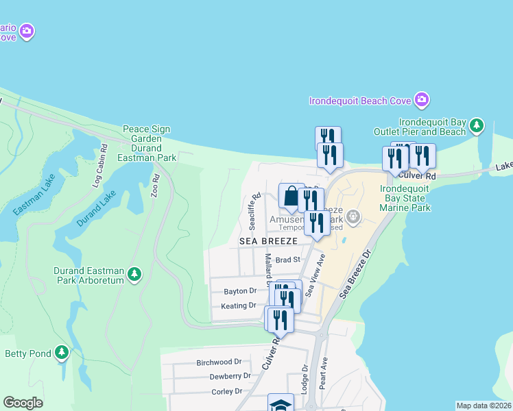 map of restaurants, bars, coffee shops, grocery stores, and more near 154 Seacliffe Road in Rochester