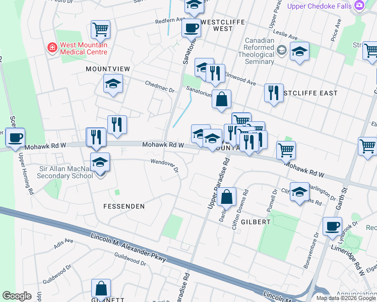 map of restaurants, bars, coffee shops, grocery stores, and more near 23 Mohawk Road West in Hamilton