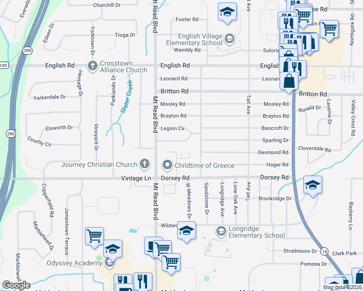 map of restaurants, bars, coffee shops, grocery stores, and more near 285 Whitehall Drive in Greece