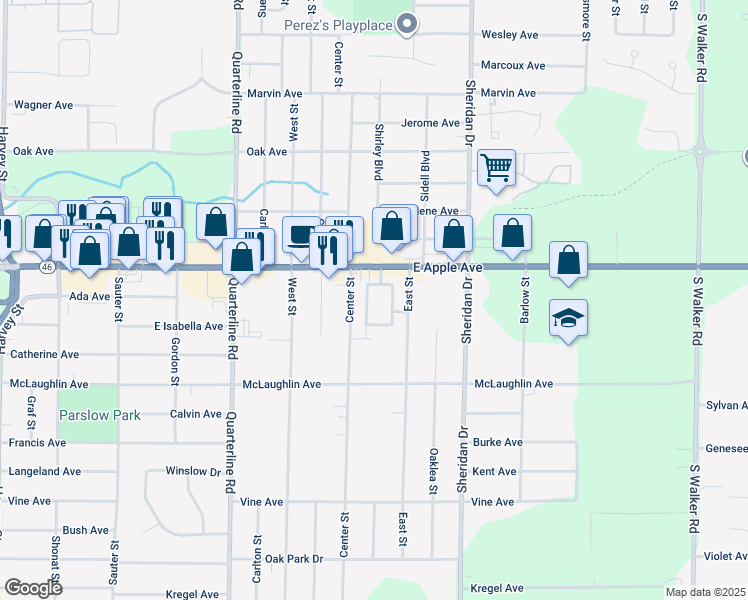 map of restaurants, bars, coffee shops, grocery stores, and more near 1070 Center Street in Muskegon