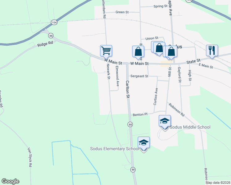 map of restaurants, bars, coffee shops, grocery stores, and more near 34 Elmwood Avenue in Sodus