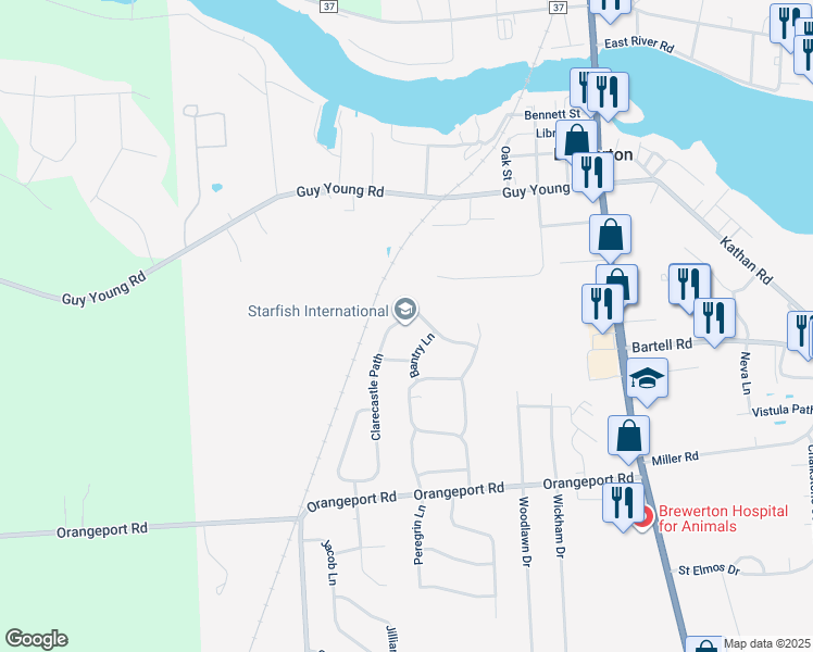 map of restaurants, bars, coffee shops, grocery stores, and more near 9599 Clarecastle Path in Brewerton