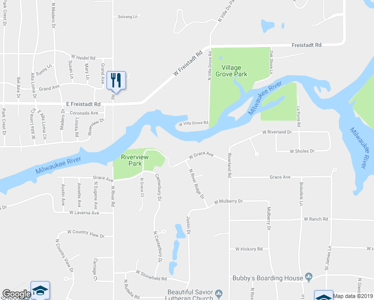 map of restaurants, bars, coffee shops, grocery stores, and more near 3722 West Grace Avenue in Mequon