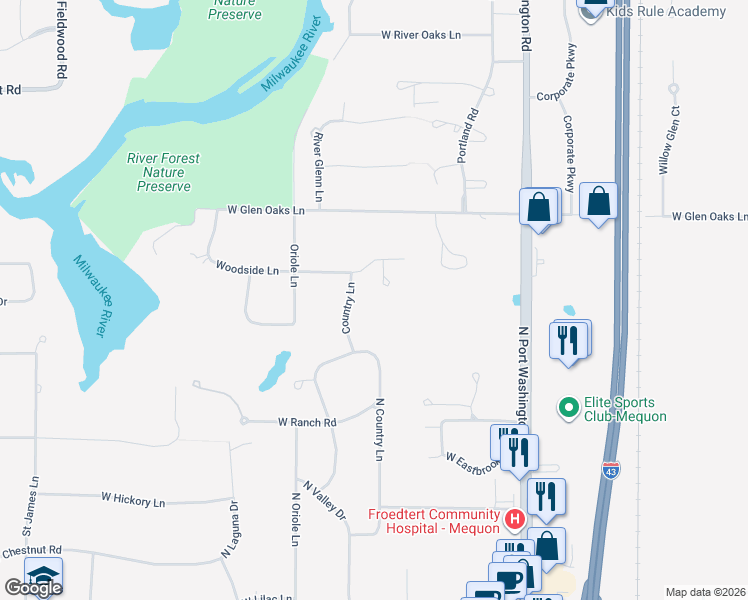 map of restaurants, bars, coffee shops, grocery stores, and more near 11810 North Woodside Court in Mequon