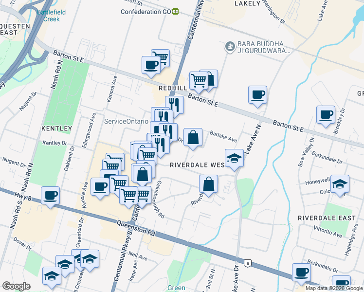 map of restaurants, bars, coffee shops, grocery stores, and more near 50 Violet Drive in Hamilton