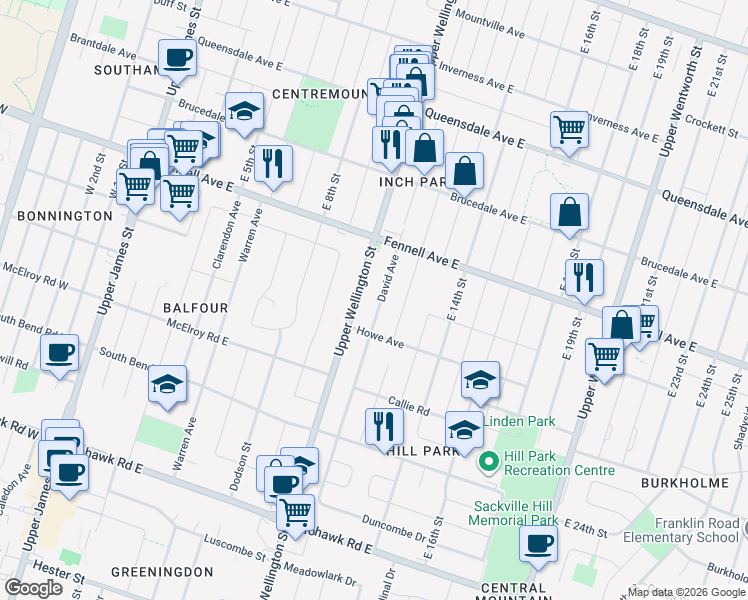 map of restaurants, bars, coffee shops, grocery stores, and more near 21 David Avenue in Hamilton