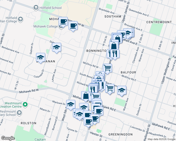map of restaurants, bars, coffee shops, grocery stores, and more near 78 West 3rd Street in Hamilton