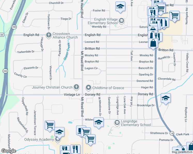 map of restaurants, bars, coffee shops, grocery stores, and more near 285 Whitehall Drive in Greece
