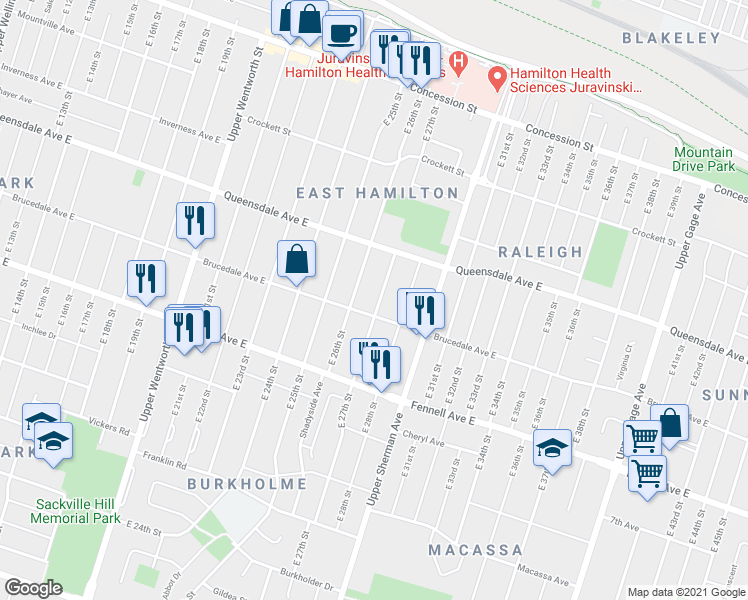 map of restaurants, bars, coffee shops, grocery stores, and more near 234 East 27th Street in Hamilton
