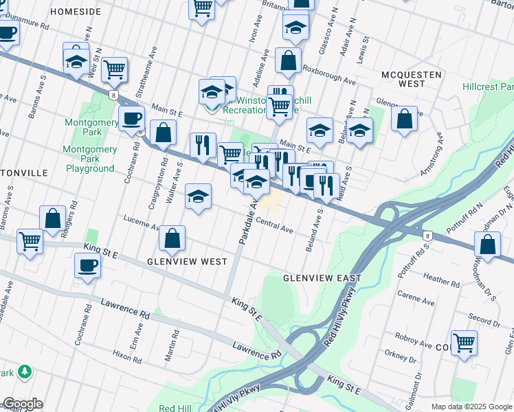 map of restaurants, bars, coffee shops, grocery stores, and more near 127 Parkdale Avenue South in Hamilton