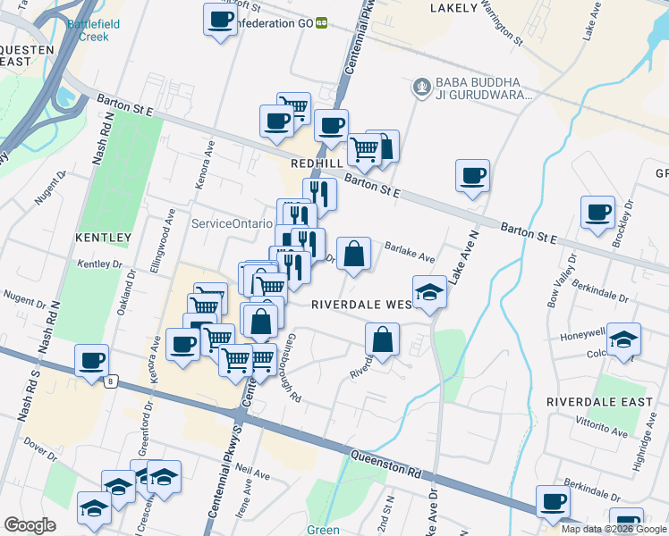 map of restaurants, bars, coffee shops, grocery stores, and more near 50 Violet Drive in Hamilton