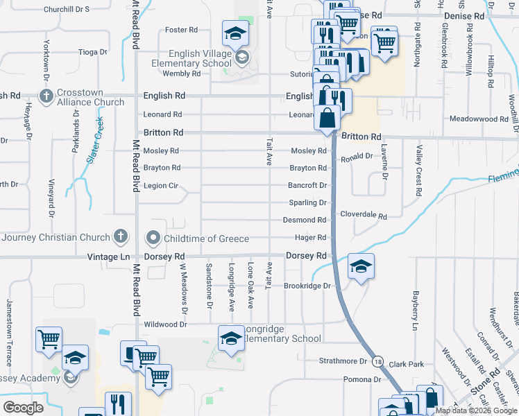 map of restaurants, bars, coffee shops, grocery stores, and more near 180 Desmond Road in Rochester