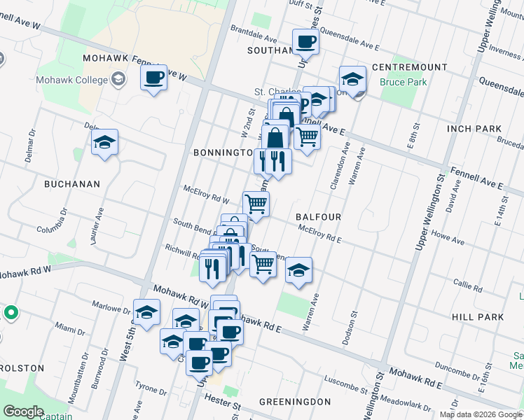 map of restaurants, bars, coffee shops, grocery stores, and more near 691 Upper James Street in Hamilton