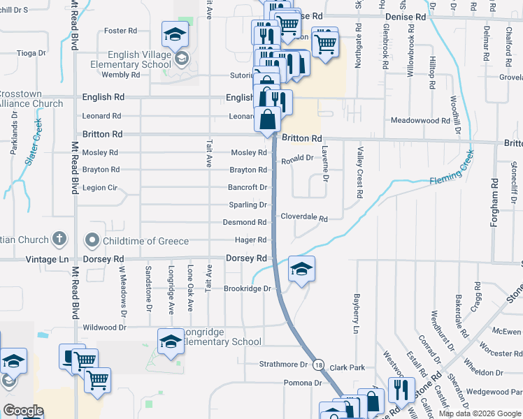 map of restaurants, bars, coffee shops, grocery stores, and more near 24 Desmond Road in Rochester