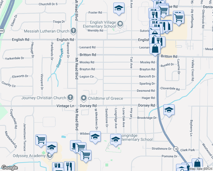 map of restaurants, bars, coffee shops, grocery stores, and more near 280 Desmond Road in Rochester