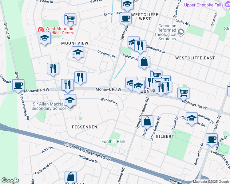 map of restaurants, bars, coffee shops, grocery stores, and more near 145 Rice Avenue in Hamilton