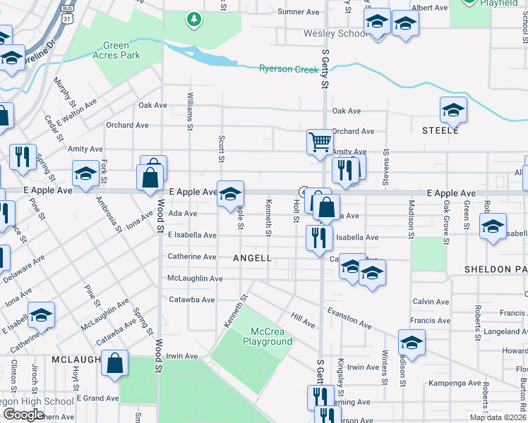 map of restaurants, bars, coffee shops, grocery stores, and more near 1062 Kenneth Street in Muskegon