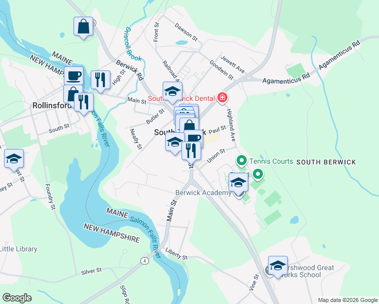 map of restaurants, bars, coffee shops, grocery stores, and more near in South Berwick