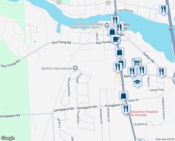 map of restaurants, bars, coffee shops, grocery stores, and more near 5380 Carrick Circle in Brewerton