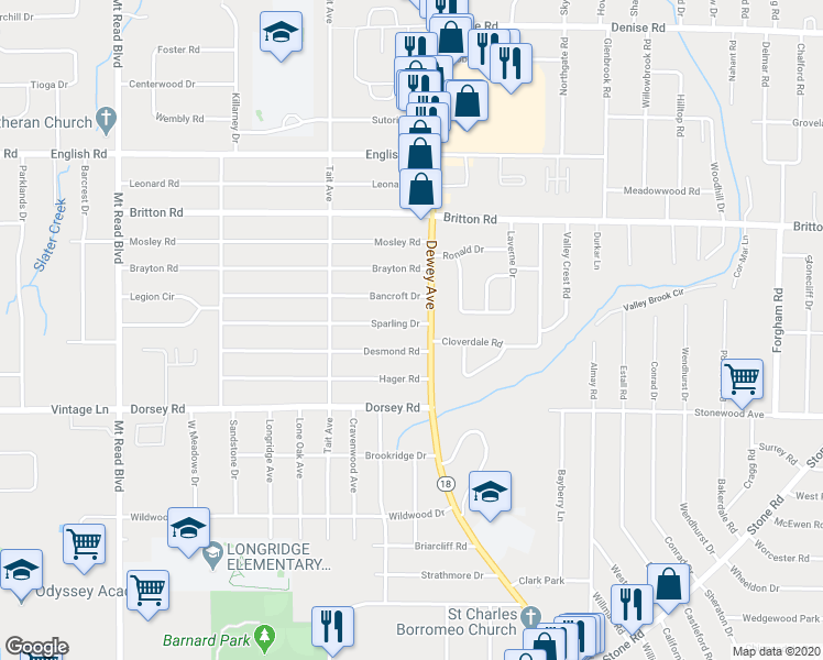 map of restaurants, bars, coffee shops, grocery stores, and more near 23 Sparling Drive in Rochester