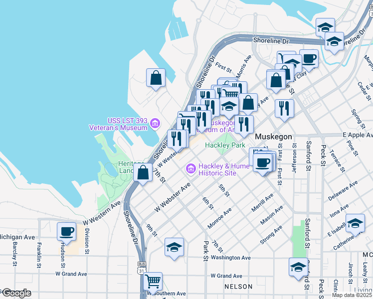 map of restaurants, bars, coffee shops, grocery stores, and more near 545 Western Avenue in Muskegon