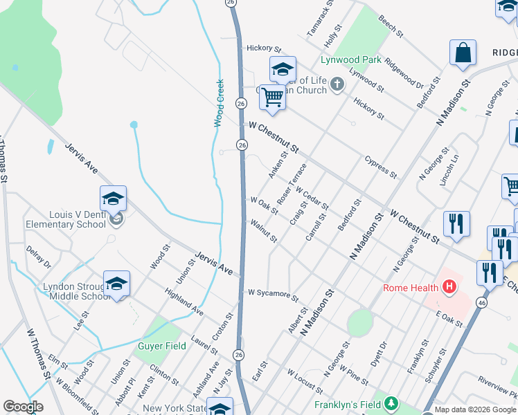 map of restaurants, bars, coffee shops, grocery stores, and more near 707 West Oak Street in Rome