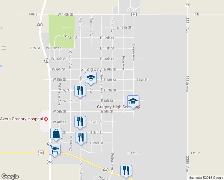 map of restaurants, bars, coffee shops, grocery stores, and more near Felton Avenue in Gregory