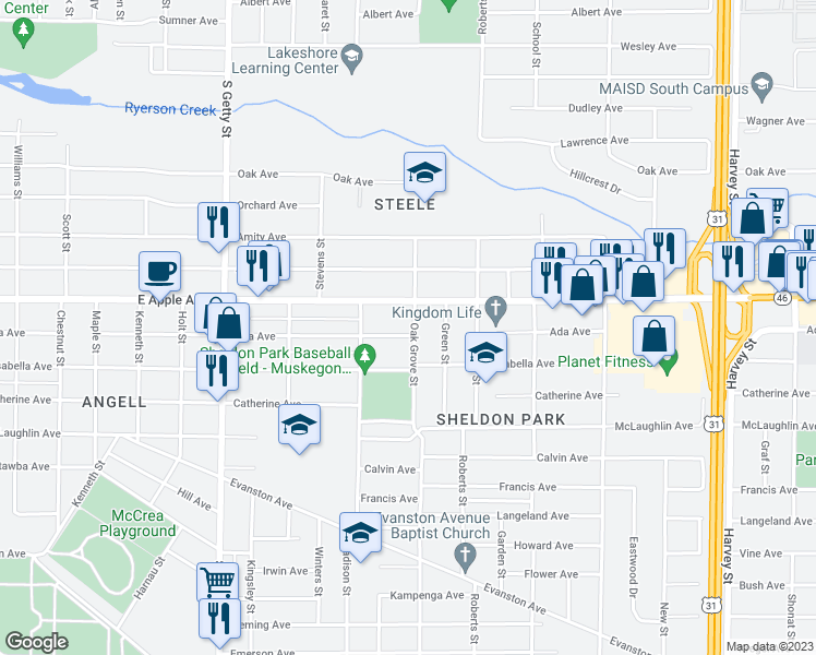 map of restaurants, bars, coffee shops, grocery stores, and more near 1094 Ada Avenue in Muskegon