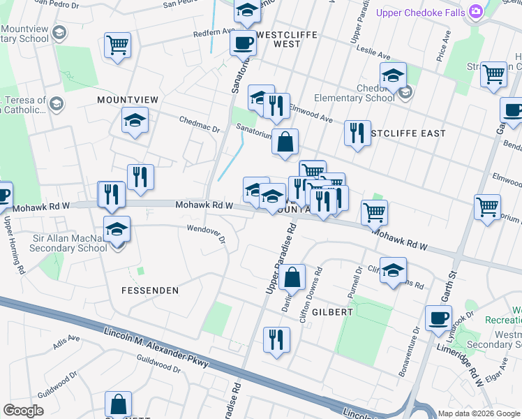 map of restaurants, bars, coffee shops, grocery stores, and more near 700 Mohawk Road West in Hamilton