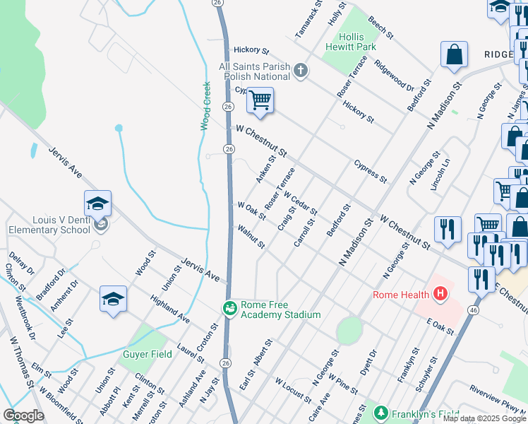 map of restaurants, bars, coffee shops, grocery stores, and more near 1515 Roser Terrace in Rome
