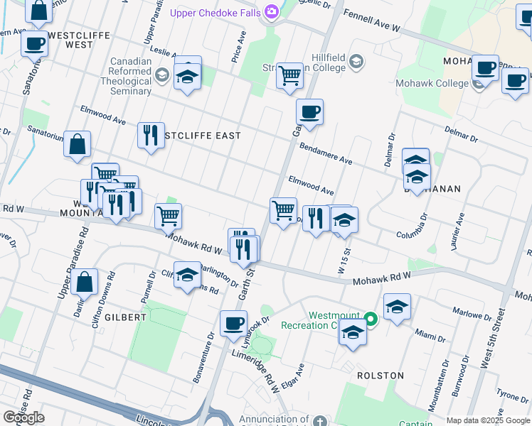 map of restaurants, bars, coffee shops, grocery stores, and more near 913 Garth Street in Hamilton