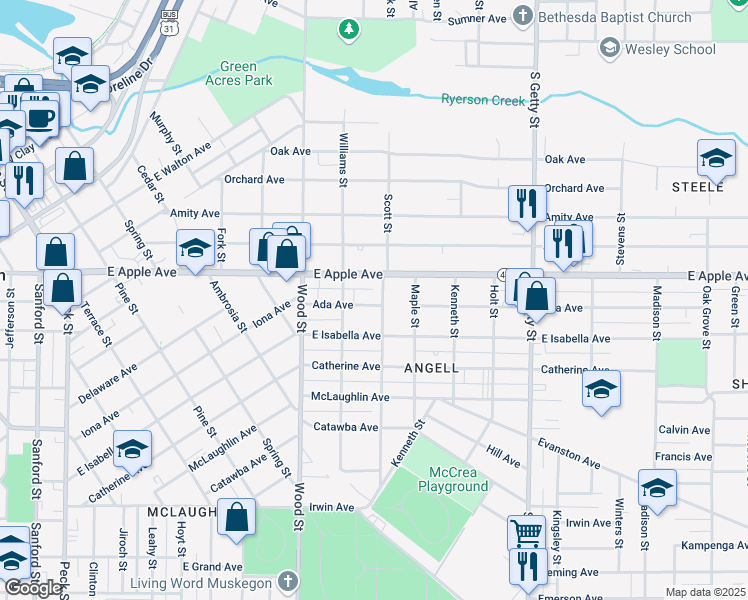 map of restaurants, bars, coffee shops, grocery stores, and more near 1075 Chestnut Street in Muskegon