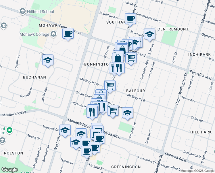 map of restaurants, bars, coffee shops, grocery stores, and more near 692 Upper James Street in Hamilton