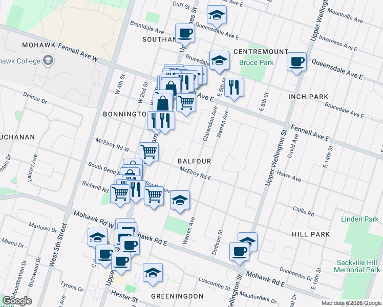 map of restaurants, bars, coffee shops, grocery stores, and more near 83 Terrace Drive in Hamilton