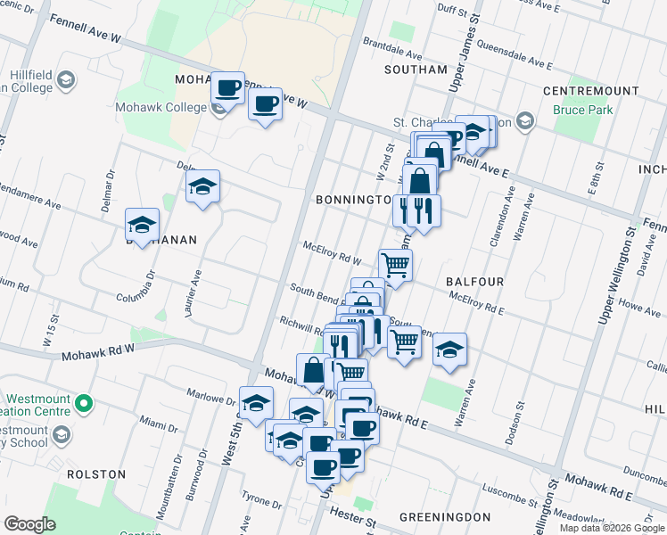 map of restaurants, bars, coffee shops, grocery stores, and more near 73 West 3rd Street in Hamilton