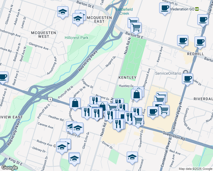 map of restaurants, bars, coffee shops, grocery stores, and more near 11 Chelmsford Place in Hamilton