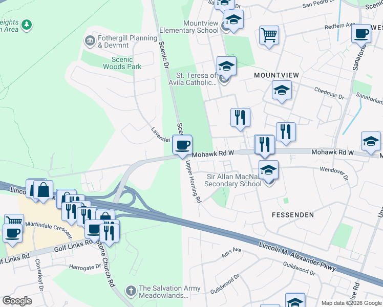 map of restaurants, bars, coffee shops, grocery stores, and more near 371 Upper Horning Road in Hamilton