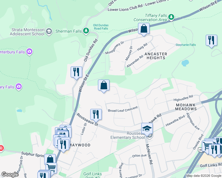 map of restaurants, bars, coffee shops, grocery stores, and more near 127 Briar Hill Crescent in Hamilton