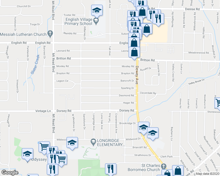 map of restaurants, bars, coffee shops, grocery stores, and more near 459 Tait Avenue in Rochester