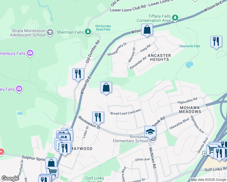 map of restaurants, bars, coffee shops, grocery stores, and more near 28 Stonegate Drive in Hamilton