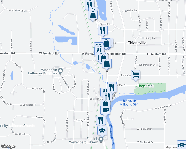 map of restaurants, bars, coffee shops, grocery stores, and more near 207 Williamsburg Drive in Thiensville