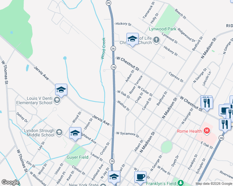map of restaurants, bars, coffee shops, grocery stores, and more near 707 West Oak Street in Rome